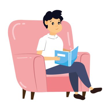 İzole edilmiş mutlu erkek karakter Vektör illüstrasyonunu okuyor.