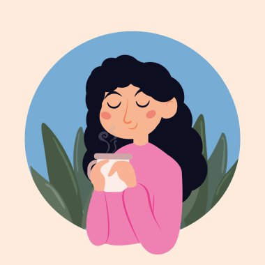 Sıcak kahve içen mutlu kız karakteri. Hygge senaryo illüstrasyonu.