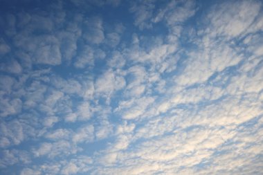 Küçük yoğun kümülüs bulutlarıyla mavi sabah gökyüzü