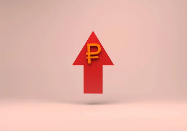 ピンクの背景にルーブルの通貨アイコンと赤い矢印の3Dレンダリング — ストック写真