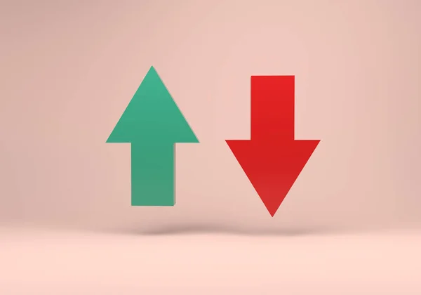 緑の上矢印とピンクの背景に赤の下矢印の3Dレンダリング — ストック写真