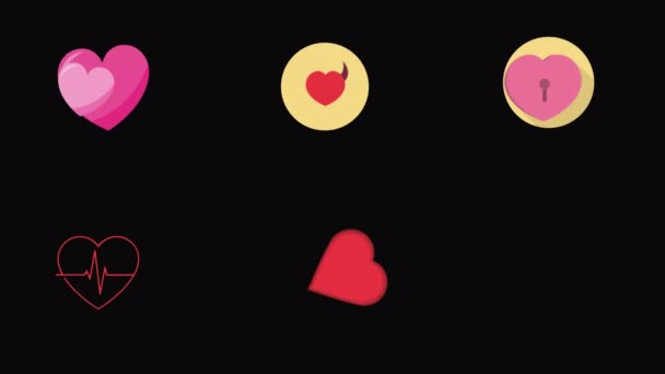Corazón Iconos Conjunto Animación Fondo Transparente — Vídeos de Stock