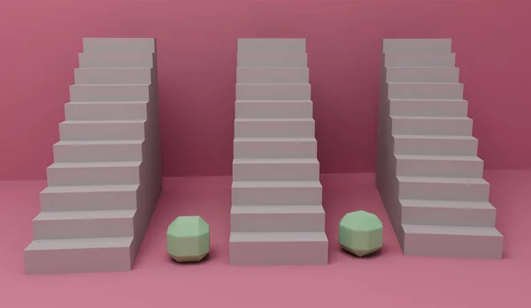 Tres Escaleras Con Esferas Cubo Sobre Fondo Rosa Renderizado —  Fotos de Stock