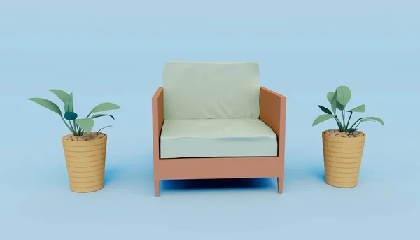 Καθιστούν Της Καρέκλας Και Του Φυτού Στο Φως Φόντο Χρώμα — Φωτογραφία Αρχείου
