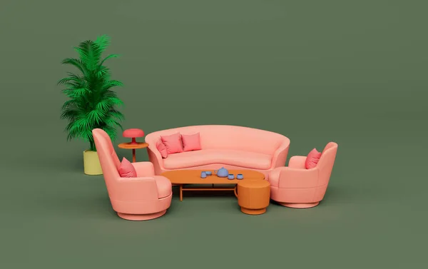 living room pink color sofa with small table and plant 3d rendering on Cactus color background