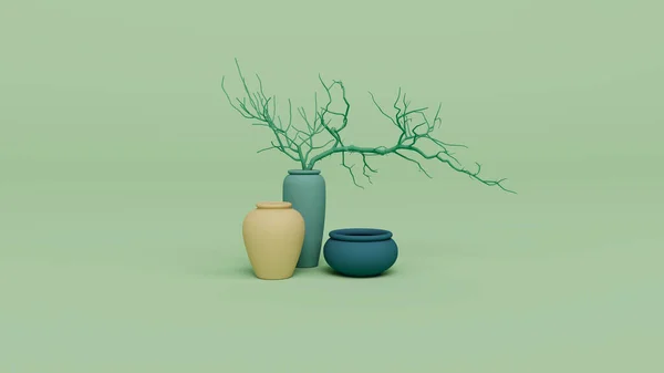 3d render of Branches in Vases isolated on Pastel background, 3d background minimal scene