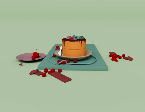 Рендеринг Праздничного Торта Шоколадного Цвета Вишней Тарелке Иллюстрации Изолированы Пастельные — стоковое фото
