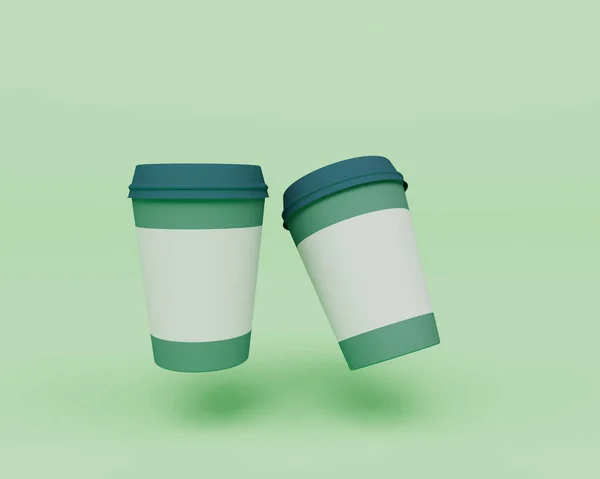 Two Disposable Coffee Cup Flying Render Abstract Design Element Minimalist — Stock Photo, Image