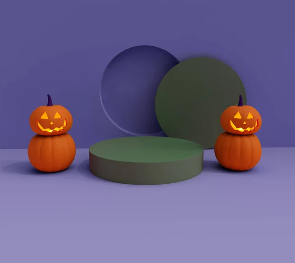 Rendering Halloween Pumpkin Side Podium Candle Glowing Minimal Halloween Background — Zdjęcie stockowe