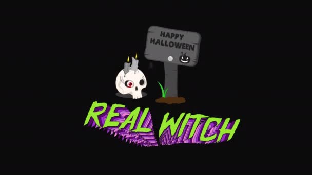 Happy Halloween Real Witch Text Animation Skull Transparent Background — 图库视频影像
