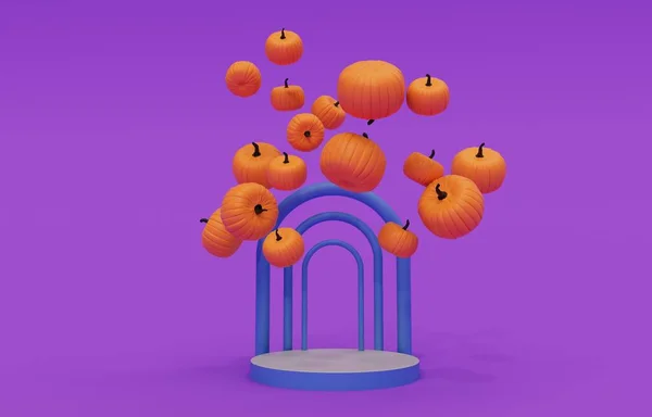 Rendering Halloween Pumpkin Flying Podium Halloween Background Design Element — 스톡 사진