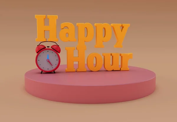 Happy Hour, 3d rendering of happy hour at the bar, minimal lettering with alarm clock