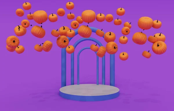 Rendering Halloween Pumpkin Flying Podium Halloween Background Design Element —  Fotos de Stock