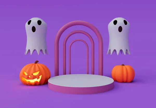 Rendering Halloween Flying Spooky Ghost Pumpkin Podium Minimal Halloween Background — Stock Fotó