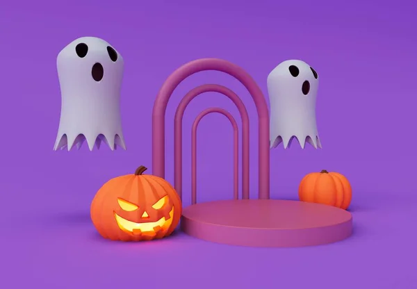 Rendering Halloween Flying Spooky Ghost Pumpkin Podium Minimal Halloween Background — Stock Fotó