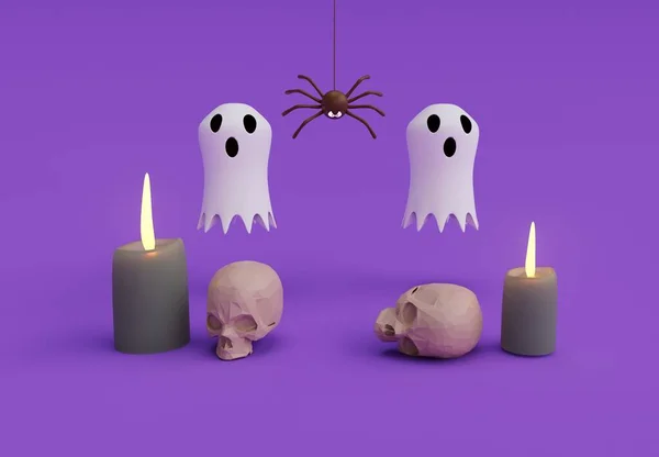 Rendering Halloween Scene White Ghost Skull Spooky Minimal Halloween Background — Zdjęcie stockowe