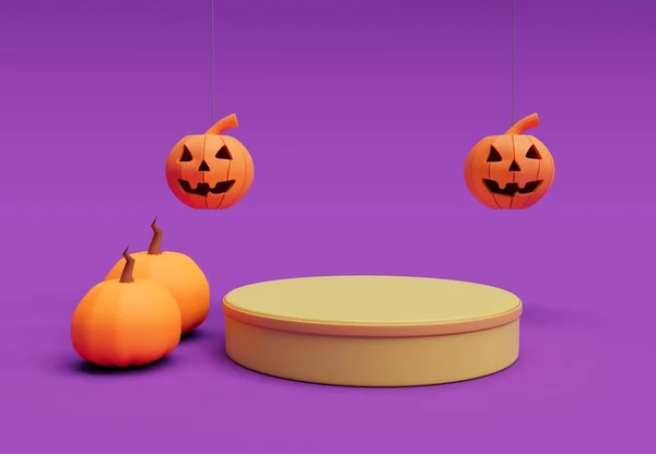 Rendering Halloween Flying Pumpkin Podium Minimal Halloween Background Design Element — Zdjęcie stockowe