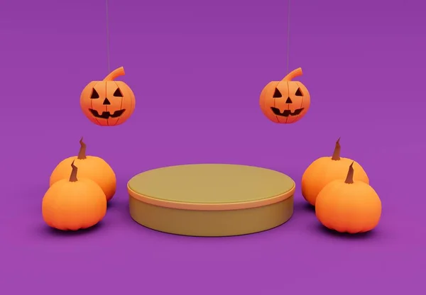 Rendering Halloween Flying Pumpkin Podium Minimal Halloween Background Design Element — Stockfoto