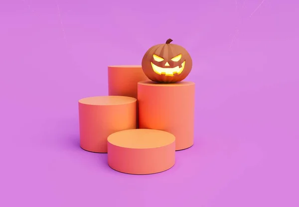 Rendering Halloween Pumpkin Top Podium Candle Glowing Minimal Halloween Background — Stock Fotó