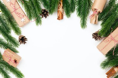 Noel ağacı dalları koni, bayram hediyeleri, jute halat tarçın ile bağlanmış, kopyalama alanı olan beyaz arkaplanda izole edilmiş.