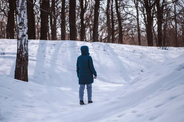 Caminhe no dia de inverno gelado. Jovem mulher caucasiana em roupas quentes ficar na estrada coberta de neve na floresta entre árvores altas e desfrutar de sóis brilho na neve, visão traseira — Fotografia de Stock