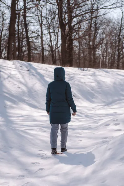 Junge Frau geht durch Wald. Kaukasische Frau steht auf der Straße zwischen Bäumen im verschneiten Wald und genießt Sonne, Rückansicht — Stockfoto