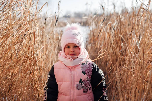 Bambino è in piedi in erba secca. Bambina in abiti invernali rosa posa sullo sfondo di boscaglia di canne nella giornata di sole nella natura — Foto Stock