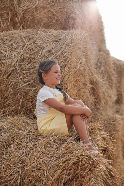 Portrait of sitting girl on high haystack smiling with teeth looking somewhere far away wearing sundress. Having fun away from city on field full of golden hay Stock Photo