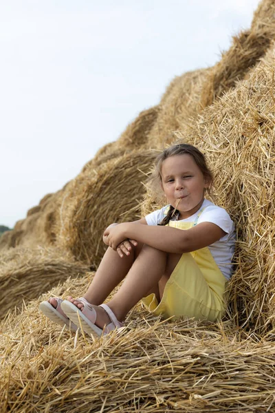 Small cute girl with piece of hay in mouth grimacing and smiling sitting on haystack leaning with back on another stack looking at camera with dozens of haystacks in background. Away from city — Zdjęcie stockowe