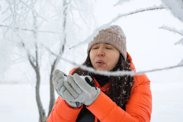 Frau mittleren Alters hinter ein paar Zweigen, die mit Schnee bedeckt sind und Schnee von Handschuhen wehen, auf einem Spaziergang im verschneiten Wald mit einem Baum im Hintergrund. Magische Winterzeit voller weißer Farbe — Stockfoto