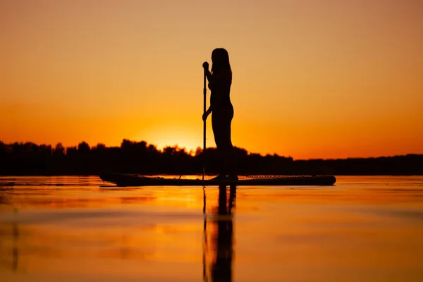 夏季，白种人女子低角度的侧影在平静的海湾上滑板，水面反射，落日在女子身后。积极的生活方式 — 图库照片