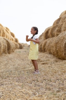 Samanlıkta saman yığınları arasında dikilen parlak örülmüş genç bir kız. Yüzünde bir tebessümle başka tarafa bakıyor. Şehirden uzakta altın samanlarla dolu bir arazide eğleniyorum.