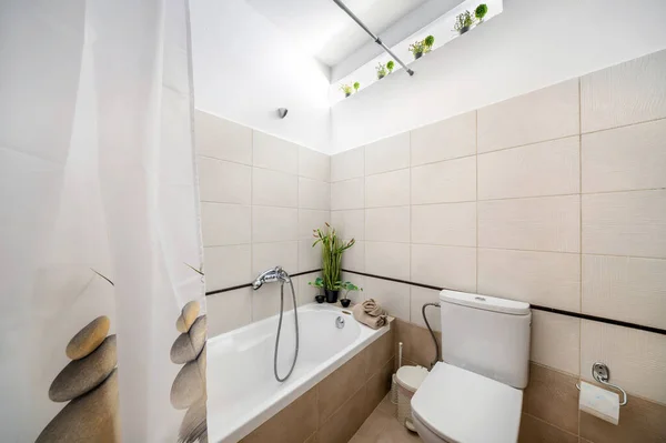 Ванная Комната Дизайн Белая Ванна Блестящий Кран Немного Зелени Качестве Лицензионные Стоковые Изображения
