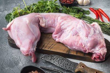 Taze çiğ tavşan zeytinyağı, biberiye, biber, deniz tuzu, soğan seti, gri taştan arka planda.