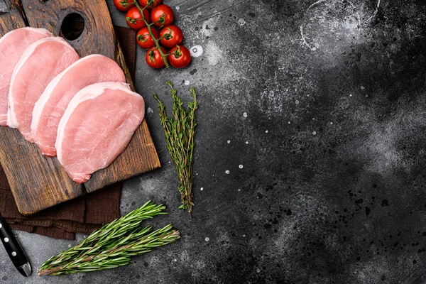 Uncooked Pork Chop Set Black Dark Stone Table Background Top — Stock Photo, Image