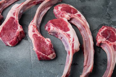 Kemik setindeki ham Lamb Dosyaları, gri taş arkaplan, metin için telif alanı ve boşluk