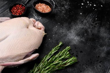 Gressingham ördeği otlarla pişirmeye hazır, siyah siyah taş masa zemininde, metin için kopyalama alanı var.