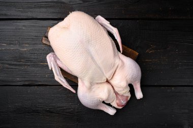 Çiğ yaban ördeği, kümes hayvanı eti seti, siyah ahşap masa arkaplanı, üst görünüm düz, metin alanı için kopyalama alanı