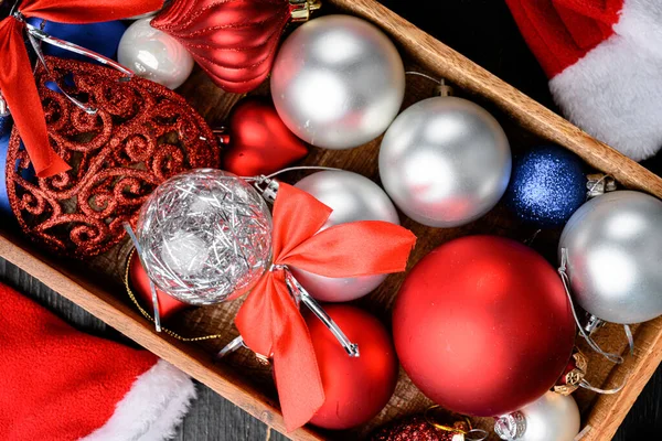 Composition Noël Cadeau Noël Ensemble Boules Dans Une Boîte Bois — Photo