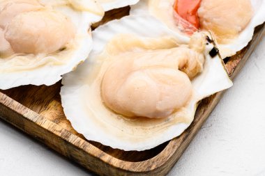 Deniz ürünleri. Kabuklu deniz ürünleri. Beyaz taş masa zemininde limon setiyle çiğ deniz tarakları.