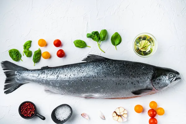 Filé Peixe Vermelho Salmão Cru Fresco Fundo Branco Flat Lay — Fotografia de Stock