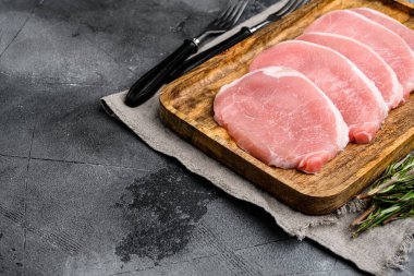 Çiğ domuz eti seti, gri taş masa zemininde, metin için kopyalama alanı var.