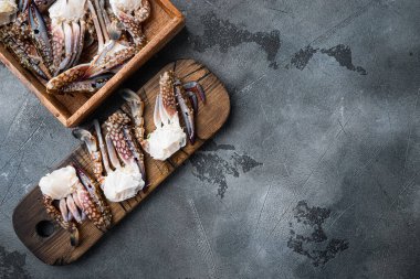 Taze çiğ at yengeci, mavi yengeç, çiçek yengeci seti, gri arkaplan, üst görünüm düz, metin için telif alanı ve boşluk