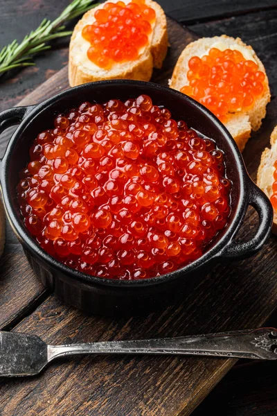 Canape Red Salmon Caviar New Year Old Dark Wooden Table — Stock Photo, Image