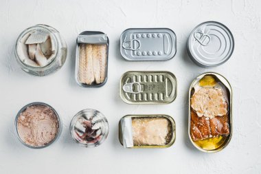 Farklı türde deniz ürünleri içeren konserve balık, beyaz arka planda, üst görünüm düz yatıyordu.