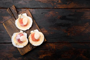 Donmuş istiridye seti, eski koyu ahşap masa arkaplanı üzerinde, metin için kopyalama alanı ile