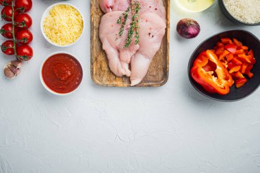 Meksika yemek malzemeleri Tavuk Enchilada, Pirinç Güveç, beyaz arka planda, üst görünüm daire metin alanı için fotokopi alanı ile yatıyordu