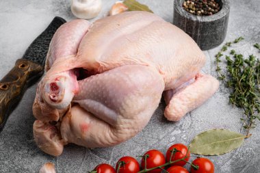 Taze çiğ tavuk seti, gri taş masa arkasında.