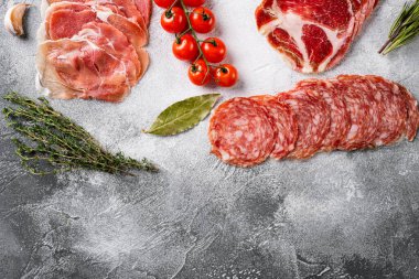 Farklı et aperatifleri coppa, prosciutto seti, gri taş masa arkaplanı, üst görünüm düz, metin alanı için kopyalama alanı