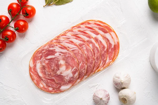 Slice Italian Ham Meat Vacuum Package Set White Stone Table — Stock Photo, Image